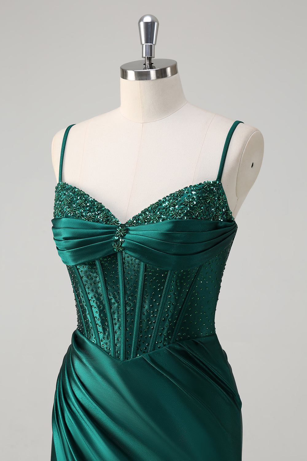 Dark Green Shimmering Mermaid Long Prom Dress with Corset, Beads, and Slit