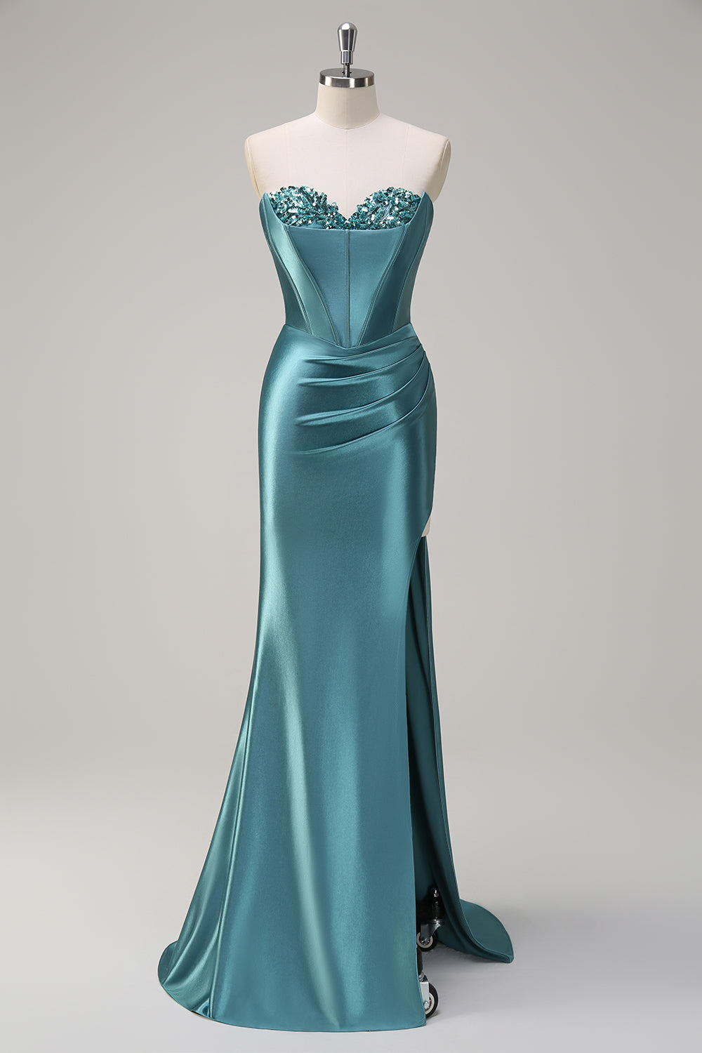 Robe de bal bustier en satin lilas pailleté avec fente et paillettes de sirène