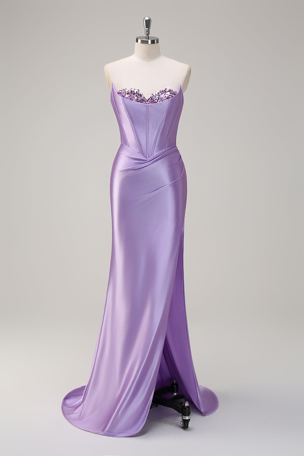 Robe de bal bustier en satin lilas pailleté avec fente et paillettes de sirène