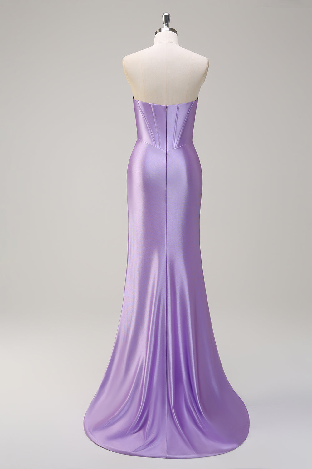 Robe de bal bustier en satin lilas pailleté avec fente et paillettes de sirène