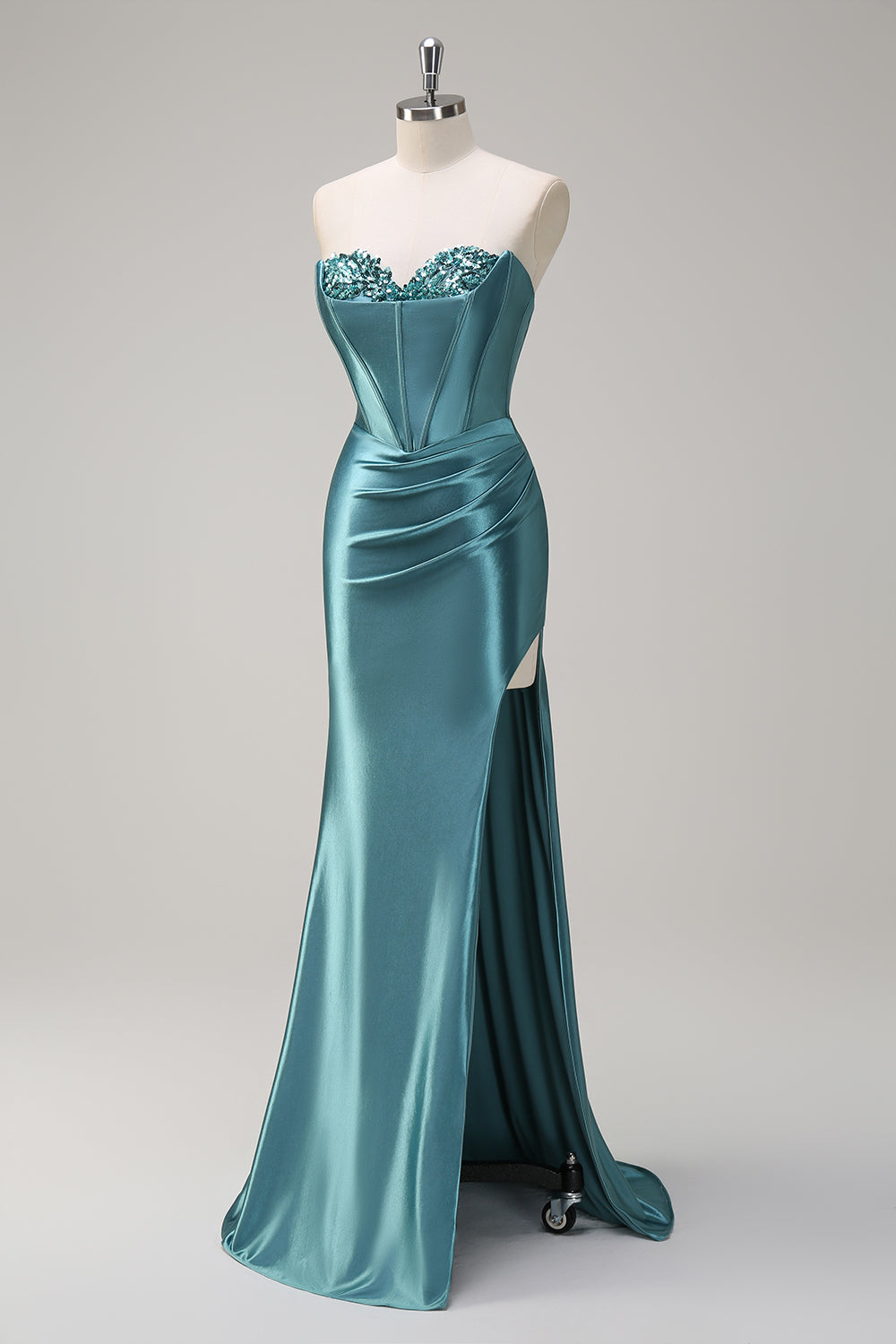 Robe de bal bustier en satin lilas pailleté avec fente et paillettes de sirène