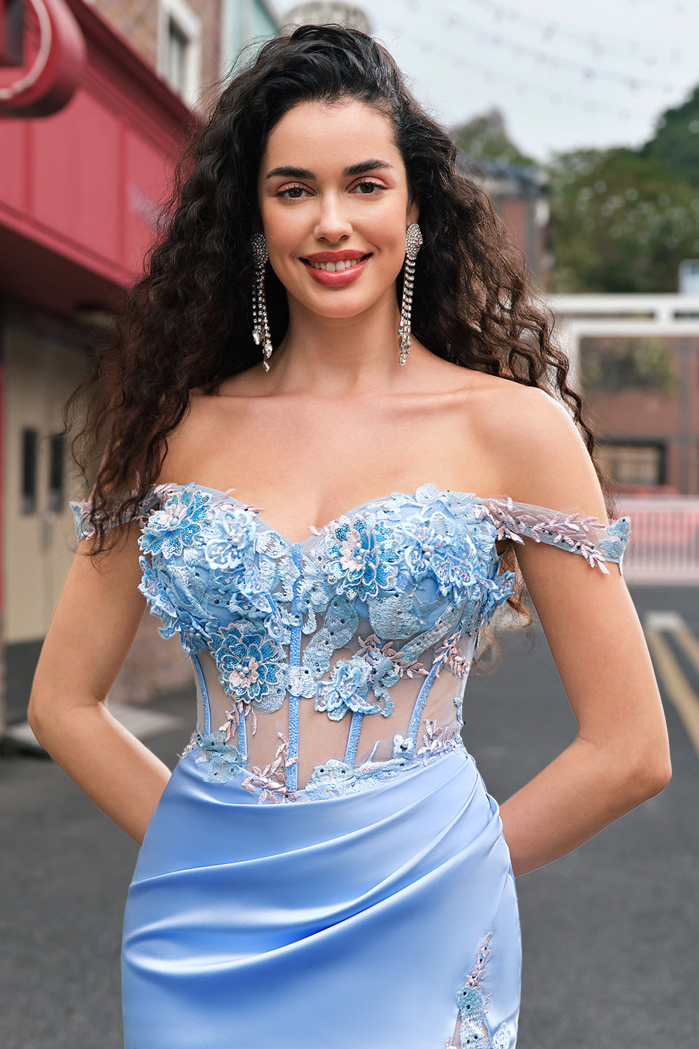 Mermaid Sky Blue Off-The-Shoulder Corset Long Prom Dress With Slit