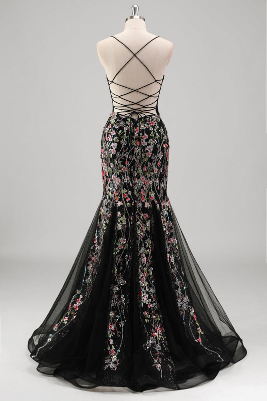 Robe de bal sirène en tulle noir à bretelles spaghetti, perlée de motifs floraux