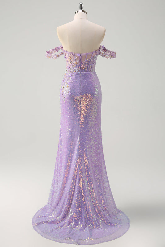 Robe de bal sirène violet clair scintillante à épaules dénudées avec fente et paillettes