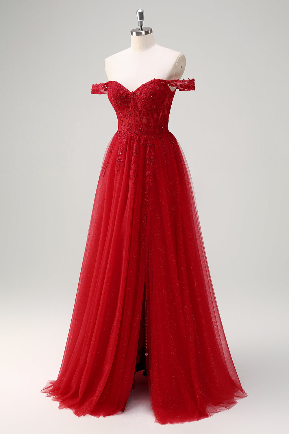 Robe de soirée longue trapèze rouge en tulle avec corset et fente, épaules dénudées