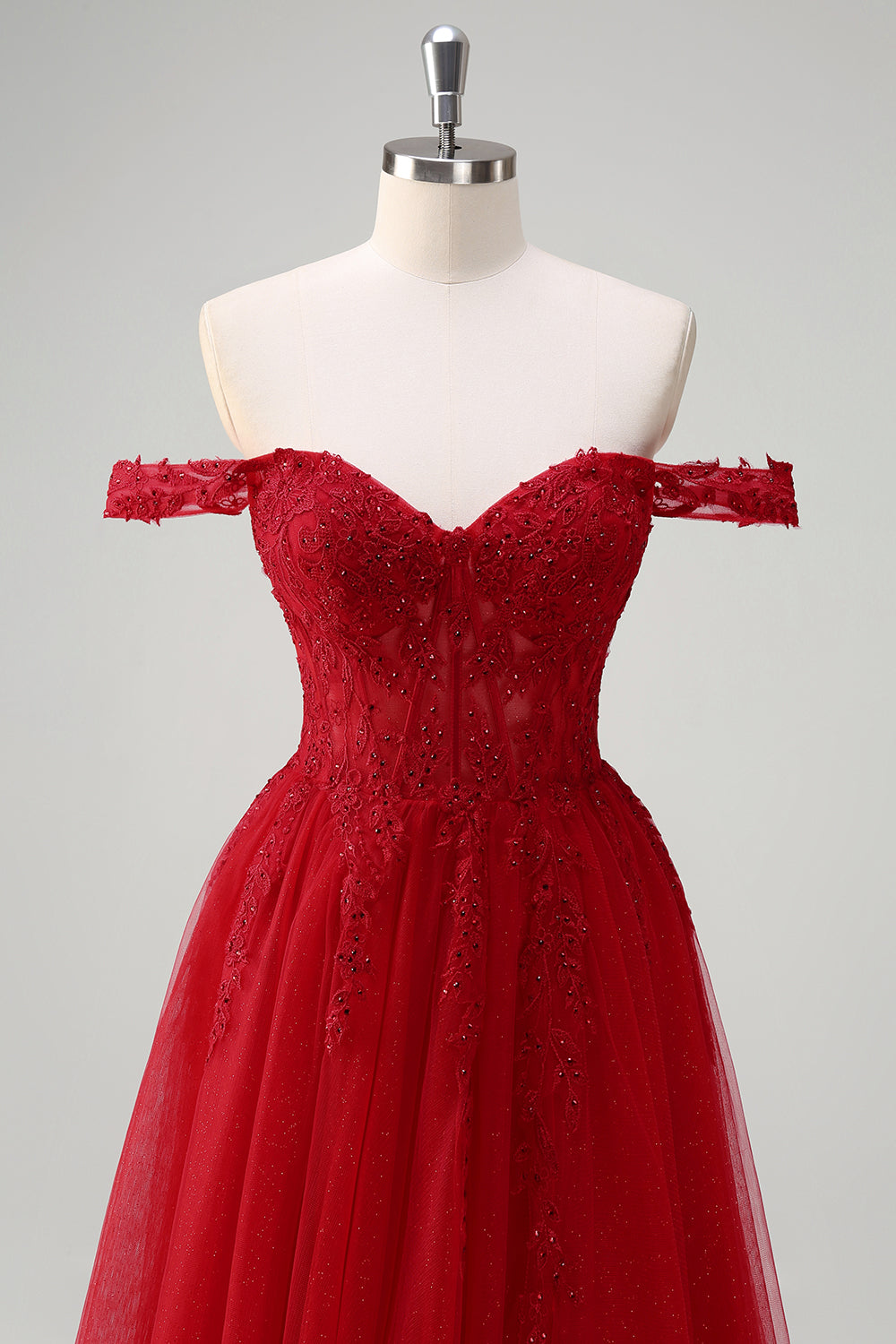 Robe de soirée longue trapèze rouge en tulle avec corset et fente, épaules dénudées