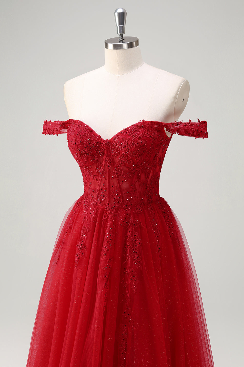 Robe de soirée longue trapèze rouge en tulle avec corset et fente, épaules dénudées