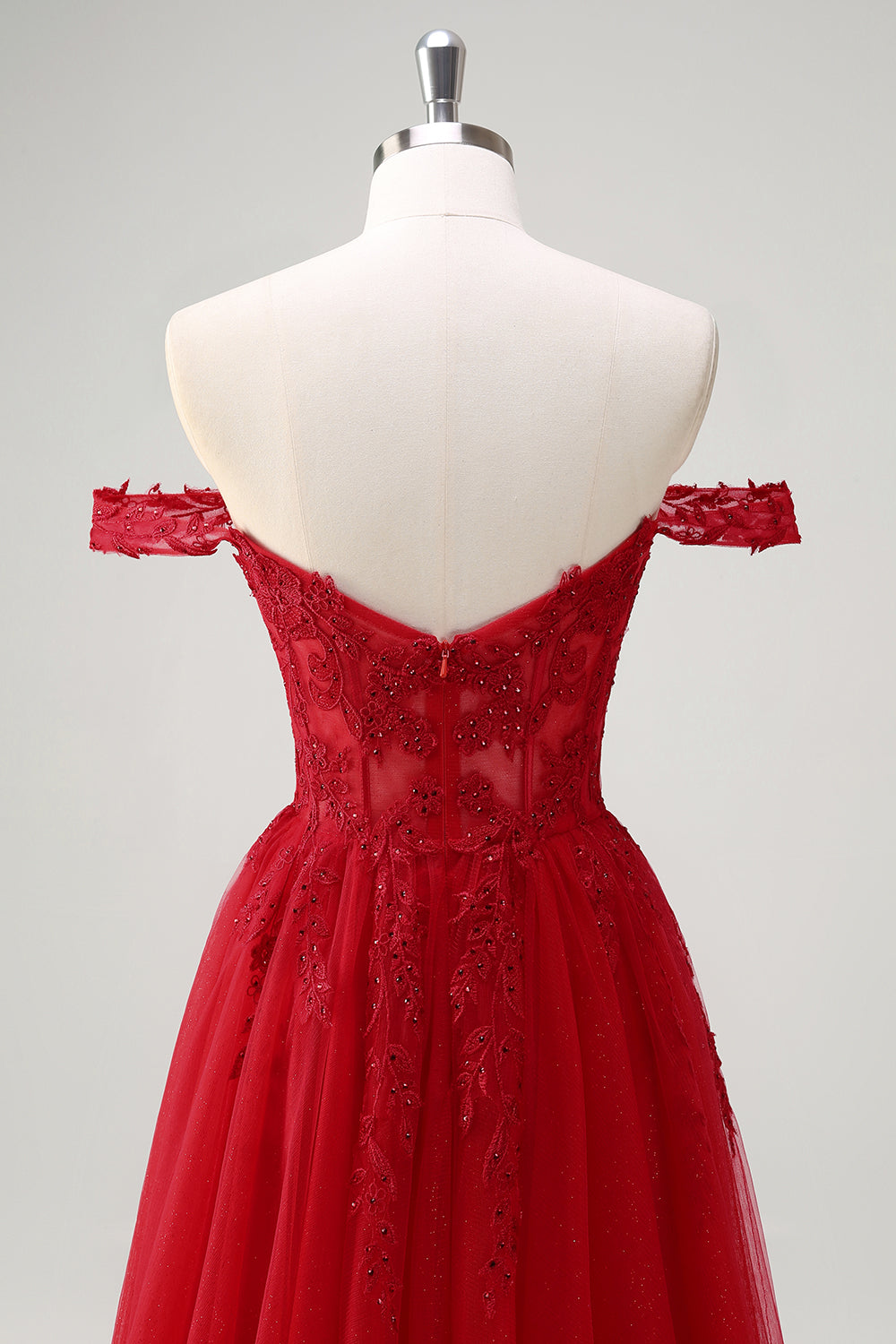 Robe de soirée longue trapèze rouge en tulle avec corset et fente, épaules dénudées