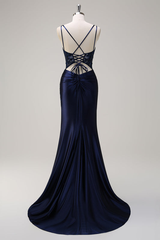 Robe de bal longue ruchée en satin avec corset à bretelles spaghetti et fente, Bleu Marine