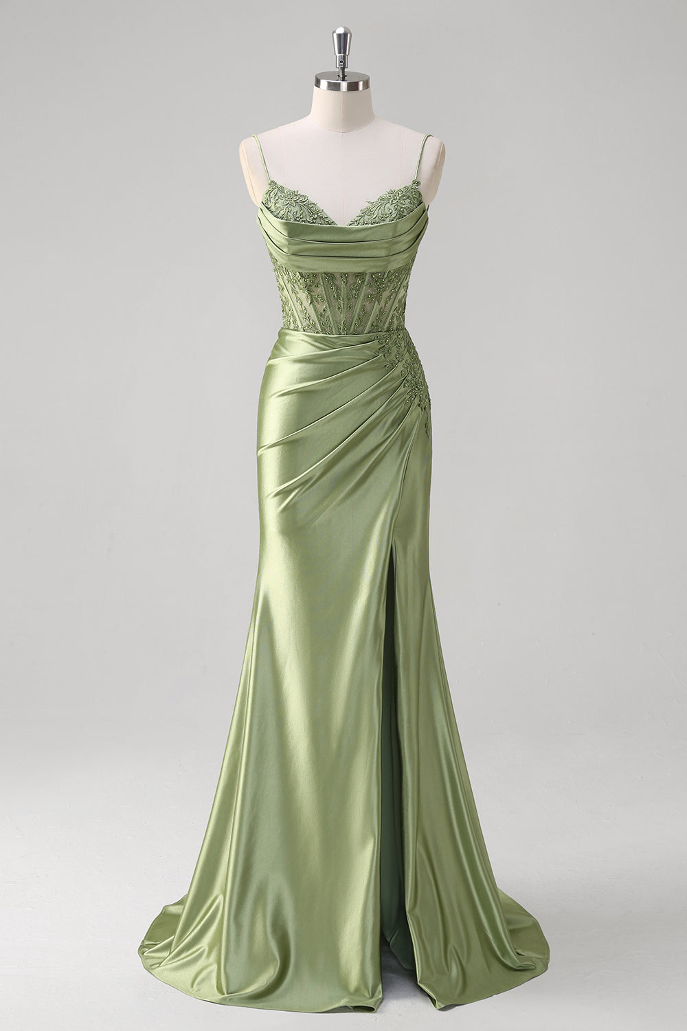 Robe de bal bustier plissée coupe sirène vert émeraude à fines bretelles