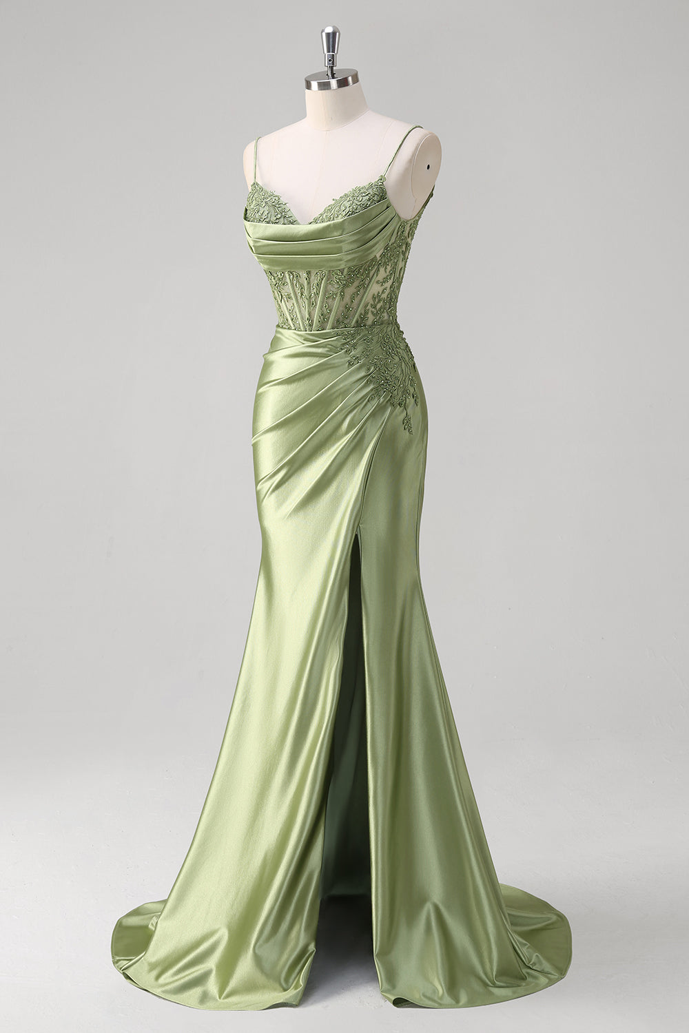 Robe de bal bustier plissée coupe sirène vert émeraude à fines bretelles