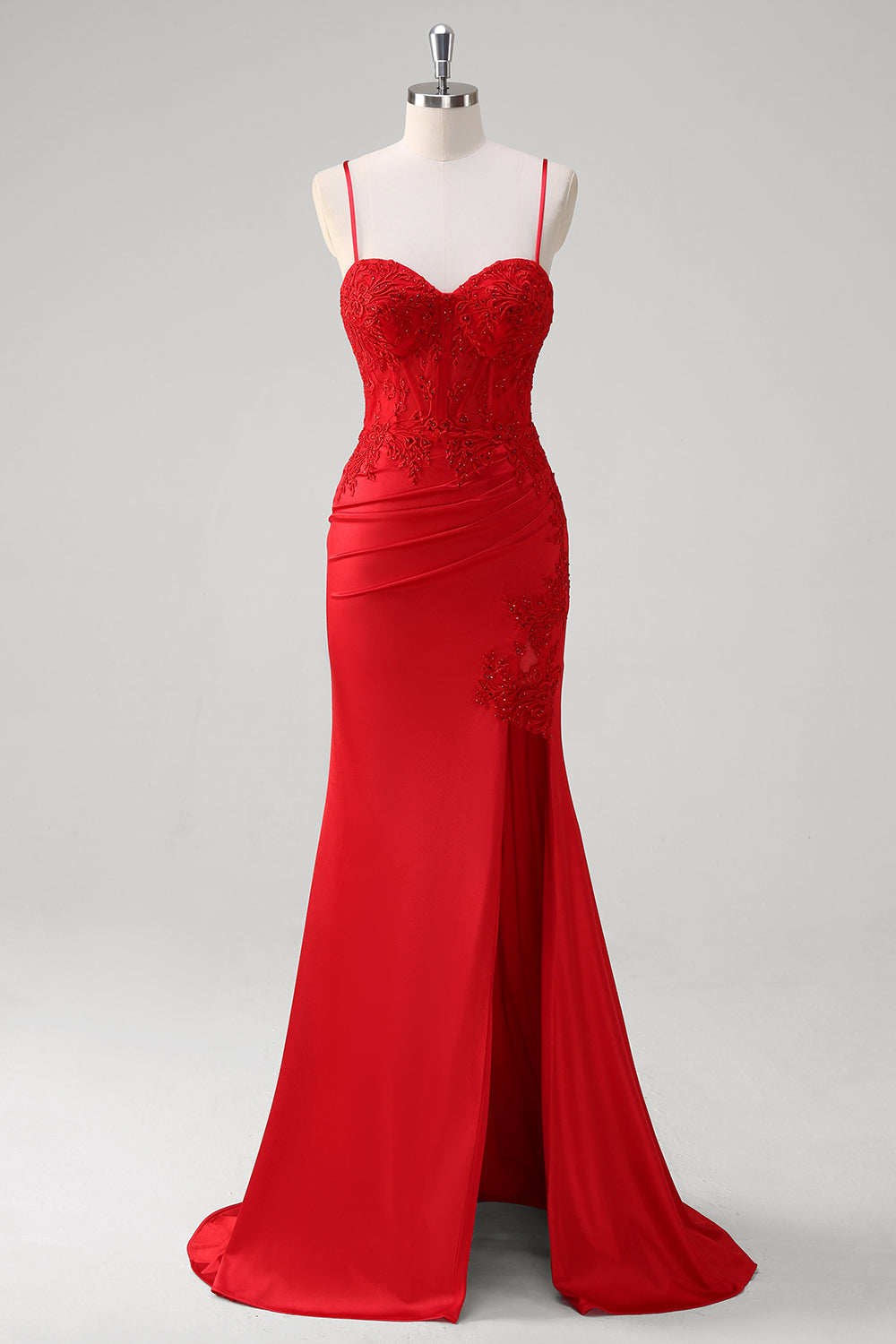 Robe de bal longue sirène en satin rouge à corsage avec bretelles spaghetti et appliques