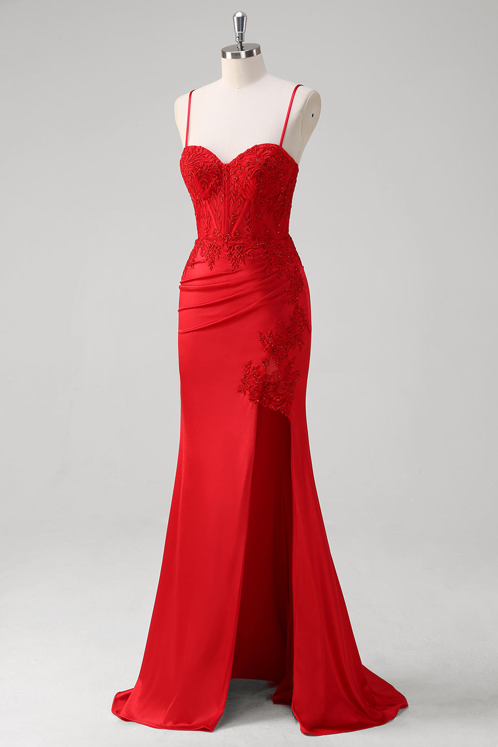 Robe de bal longue sirène en satin rouge à corsage avec bretelles spaghetti et appliques