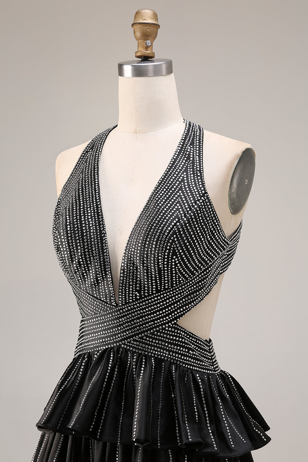 Black Tiered Ruffle A Line Halter Beaded Open Back Long Prom Dress with Slit