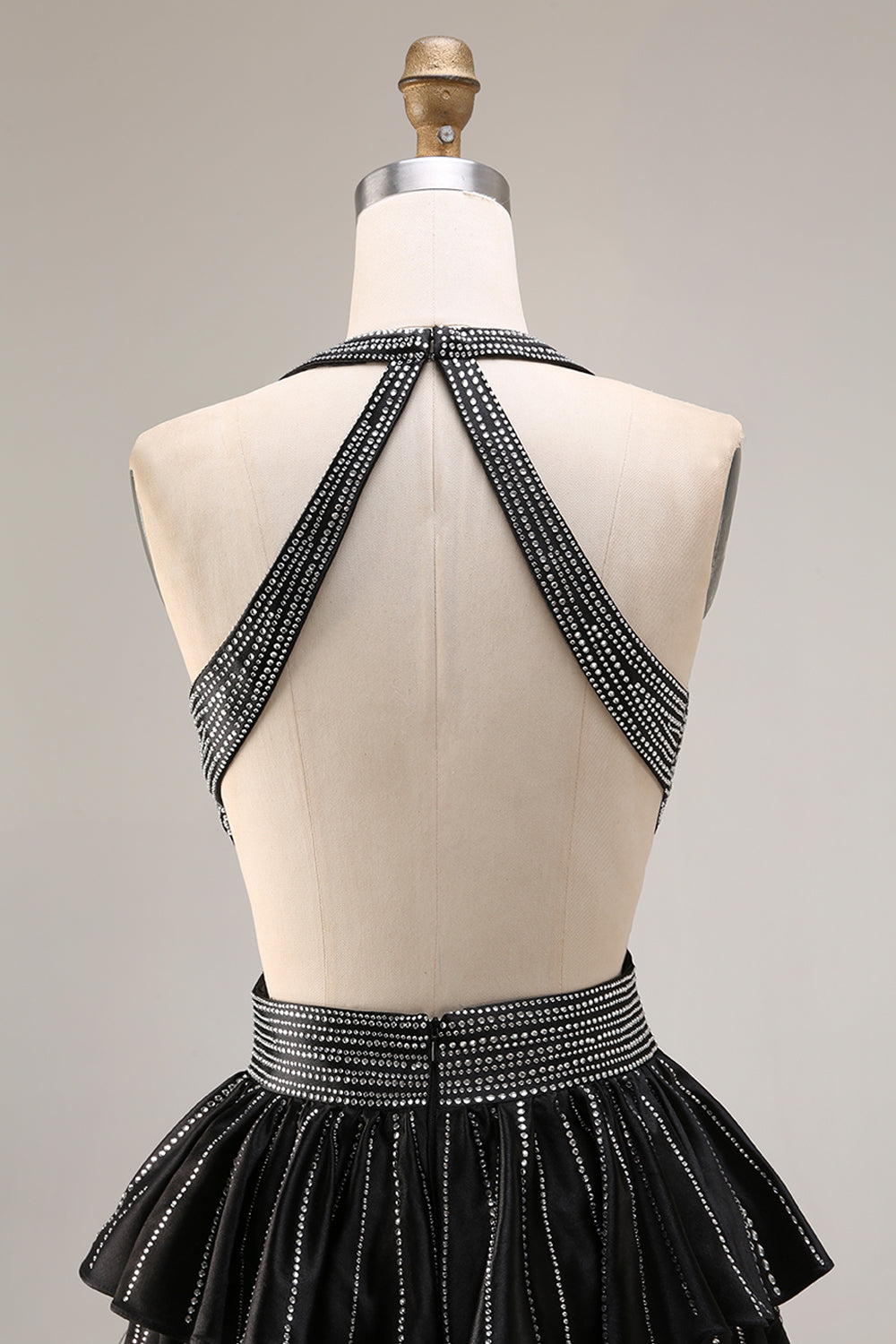 Black Tiered Ruffle A Line Halter Beaded Open Back Long Prom Dress with Slit
