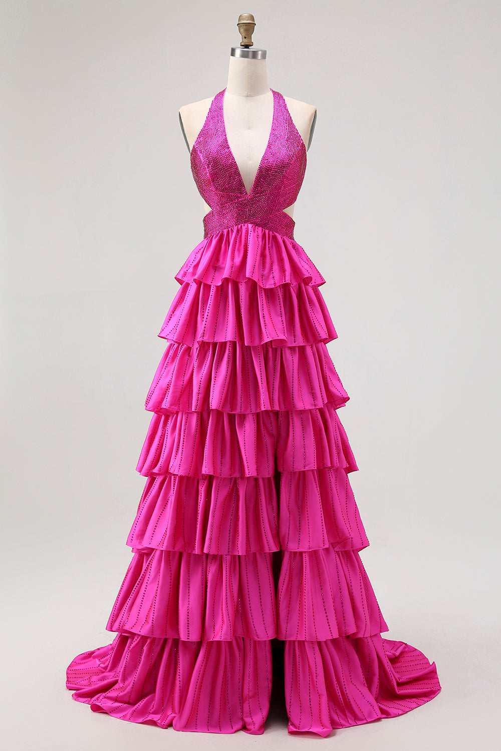 Black Tiered Ruffle A Line Halter Beaded Open Back Long Prom Dress with Slit