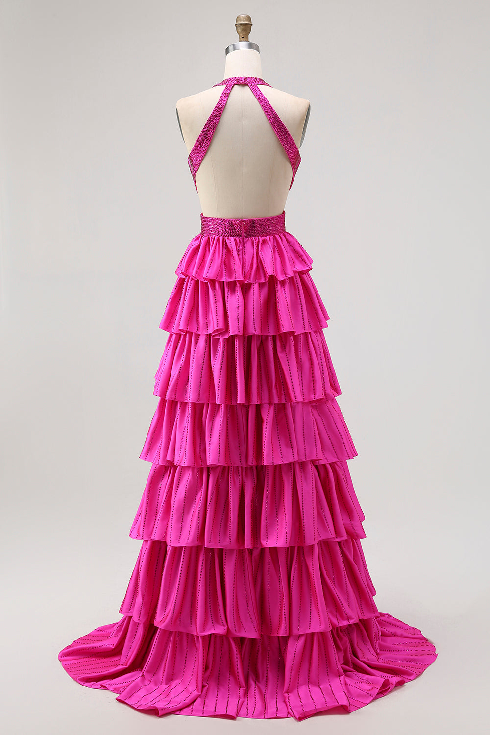Black Tiered Ruffle A Line Halter Beaded Open Back Long Prom Dress with Slit