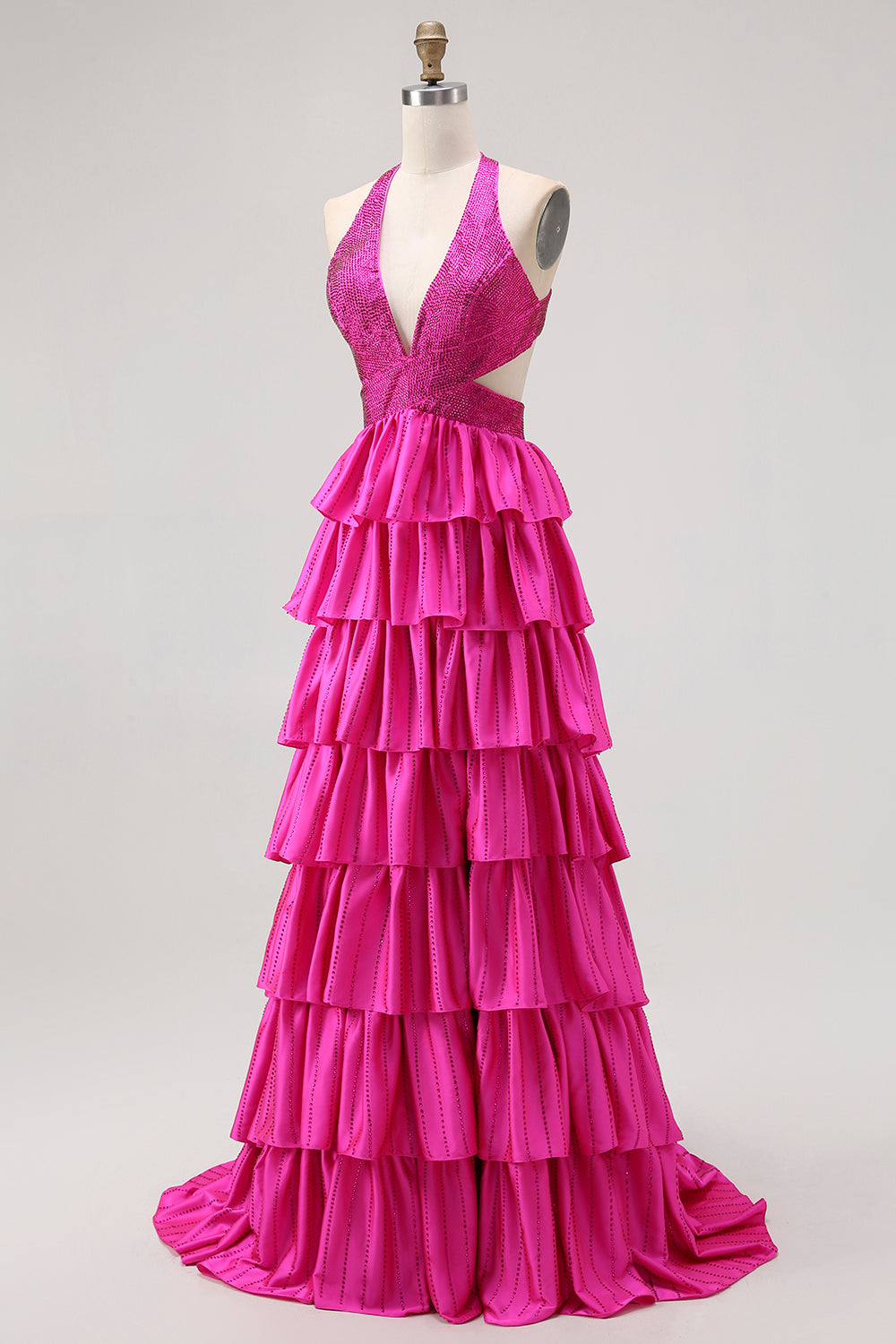 Black Tiered Ruffle A Line Halter Beaded Open Back Long Prom Dress with Slit