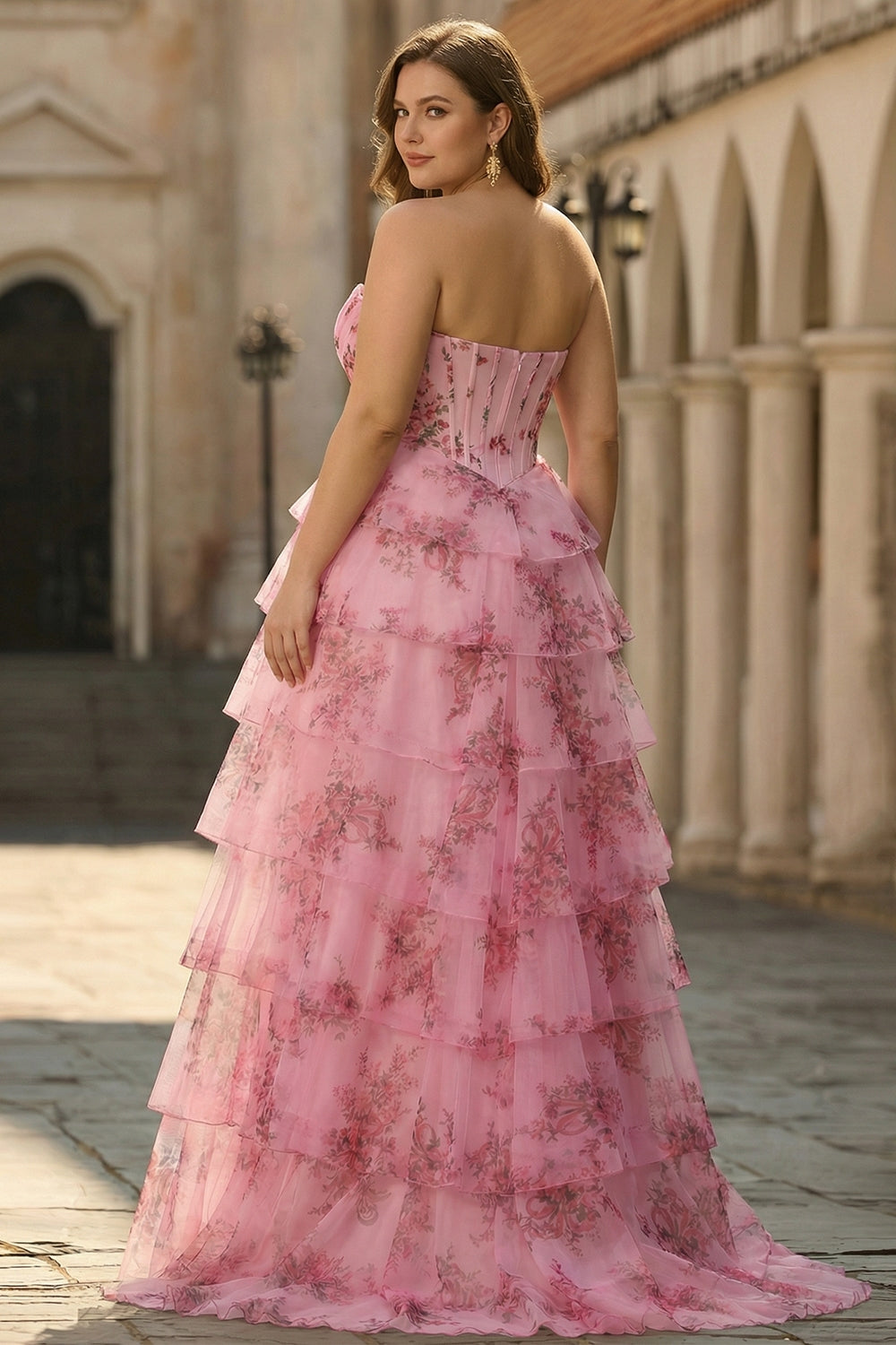 Blue White Flower A-Line Basque Waist Tiered Long Plus Size Prom Dress with Slit