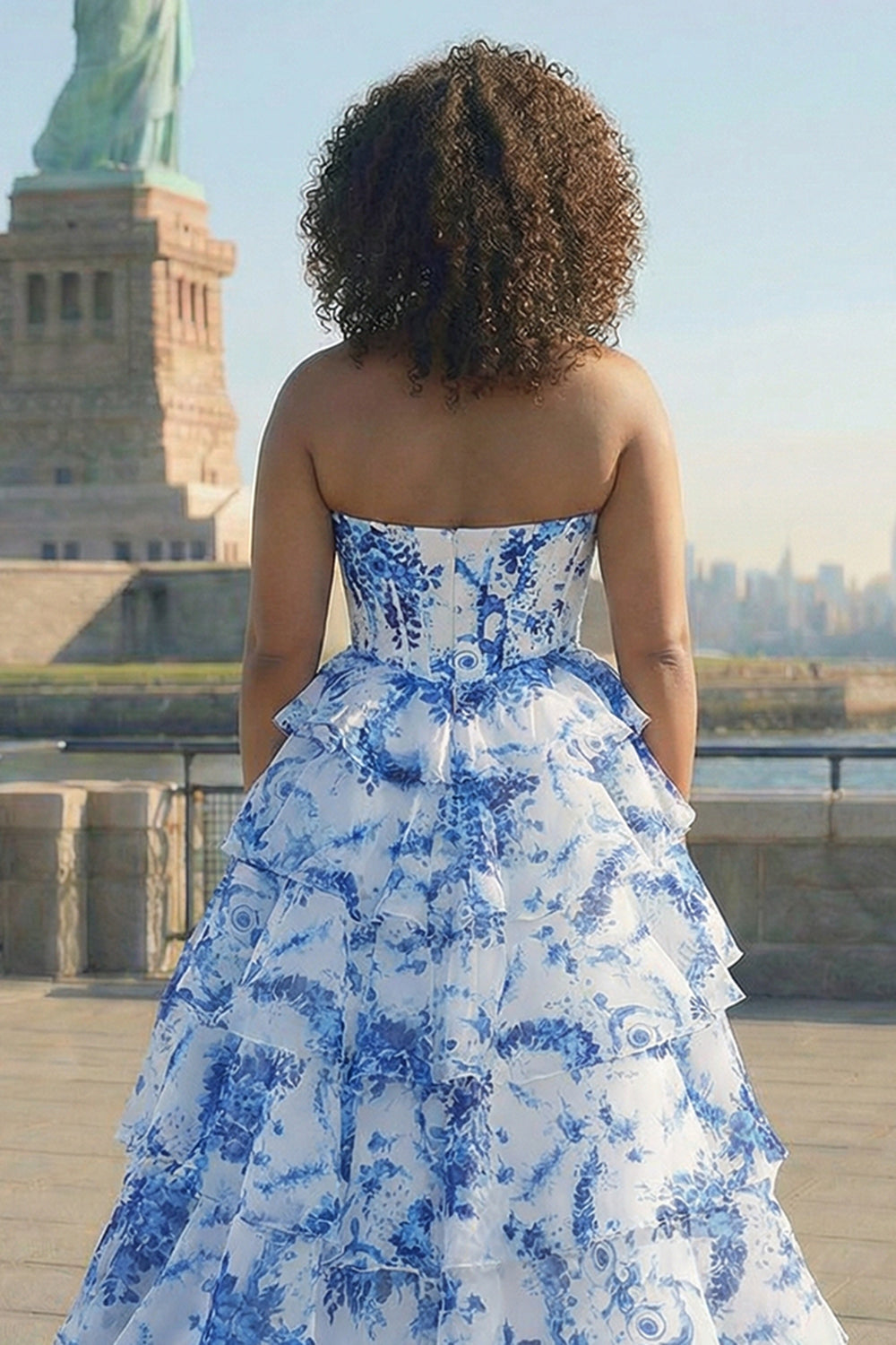 Blue White Flower A-Line Basque Waist Tiered Long Plus Size Prom Dress with Slit