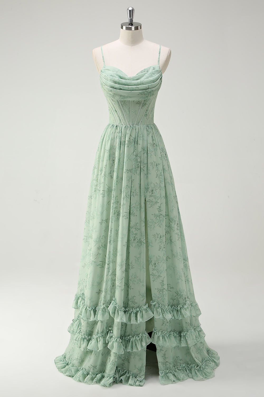 Robe longue de demoiselle d'honneur fendue trapèze à bretelles spaghetti imprimée fleurs vertes