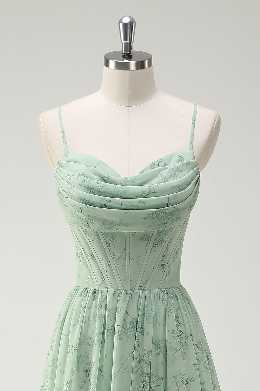 Robe longue de demoiselle d'honneur fendue trapèze à bretelles spaghetti imprimée fleurs vertes