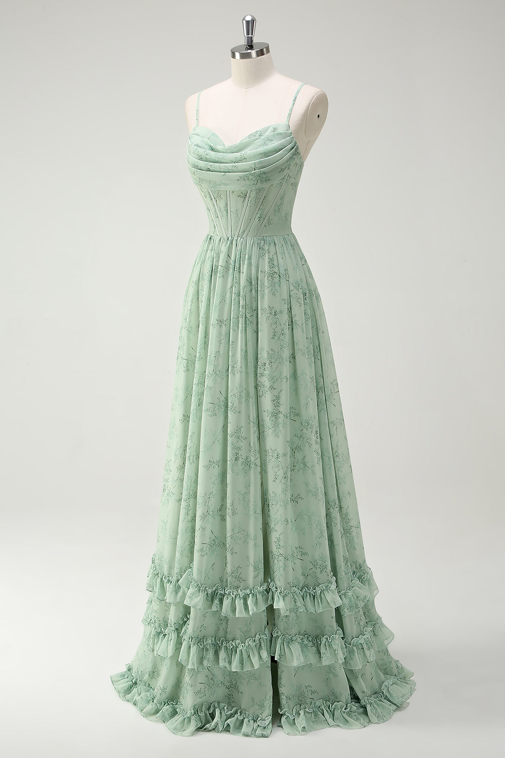 Robe longue de demoiselle d'honneur fendue trapèze à bretelles spaghetti imprimée fleurs vertes