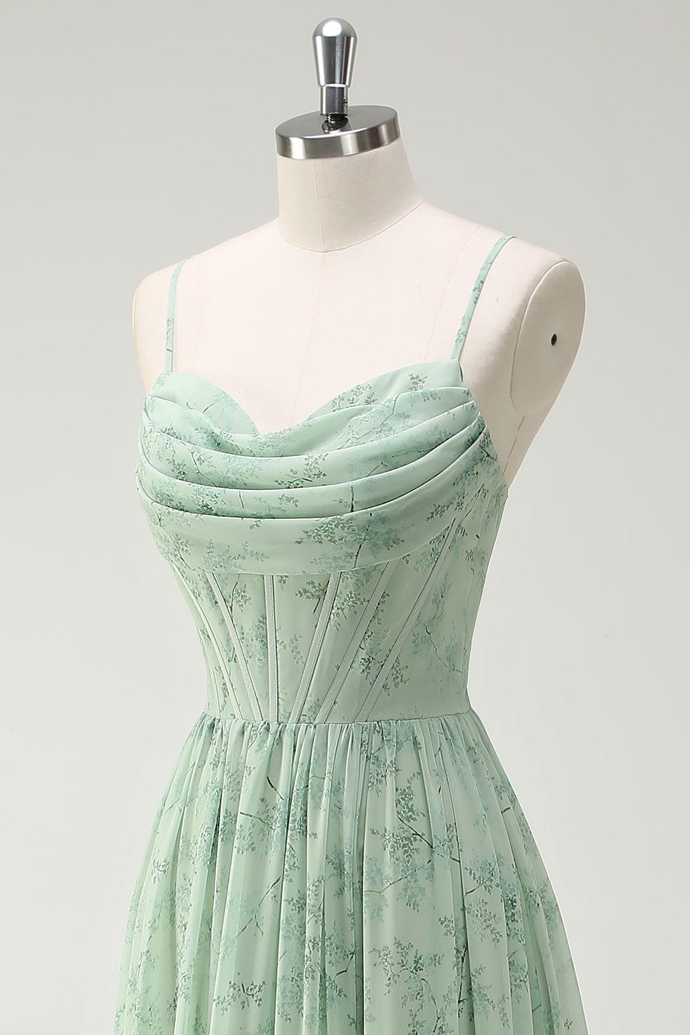 Robe longue de demoiselle d'honneur fendue trapèze à bretelles spaghetti imprimée fleurs vertes