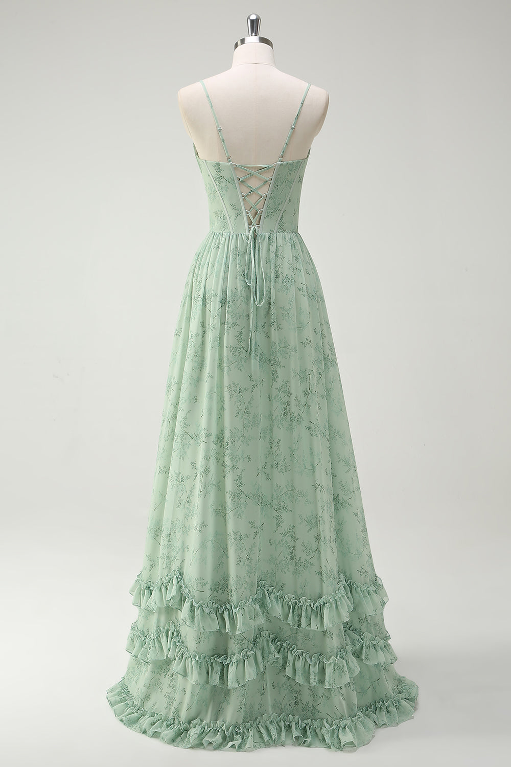 Robe longue de demoiselle d'honneur fendue trapèze à bretelles spaghetti imprimée fleurs vertes