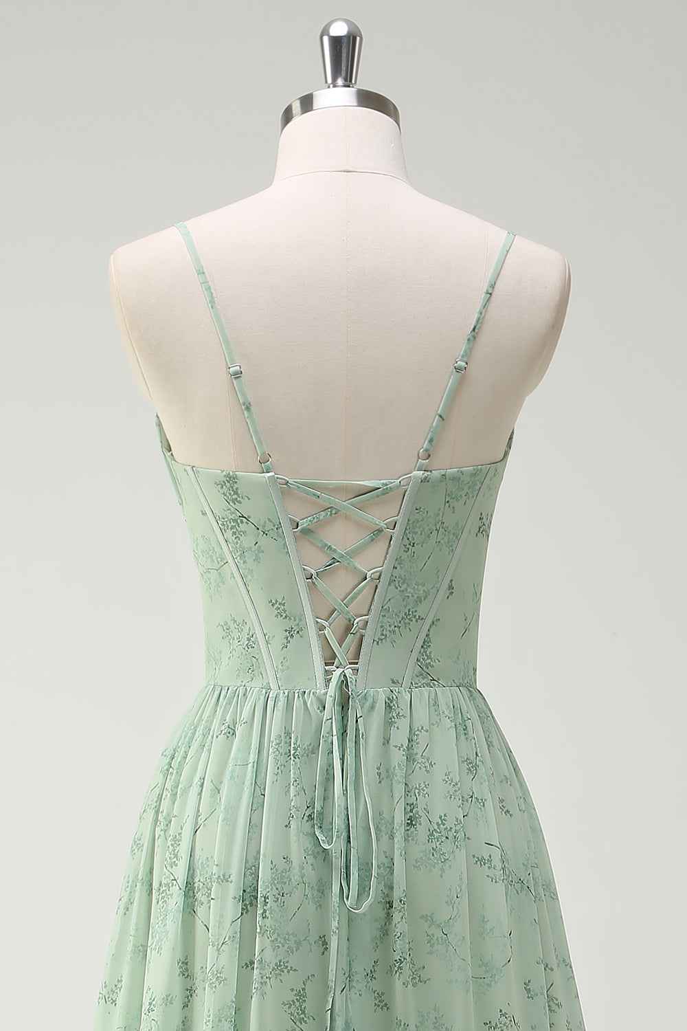 Robe longue de demoiselle d'honneur fendue trapèze à bretelles spaghetti imprimée fleurs vertes