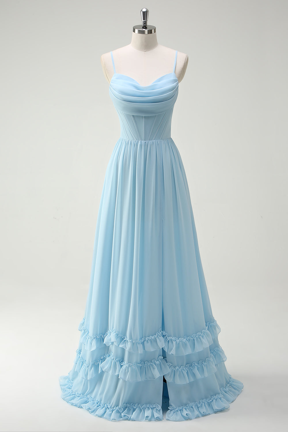 Robe longue de demoiselle d'honneur fendue trapèze à bretelles spaghetti imprimée fleurs vertes