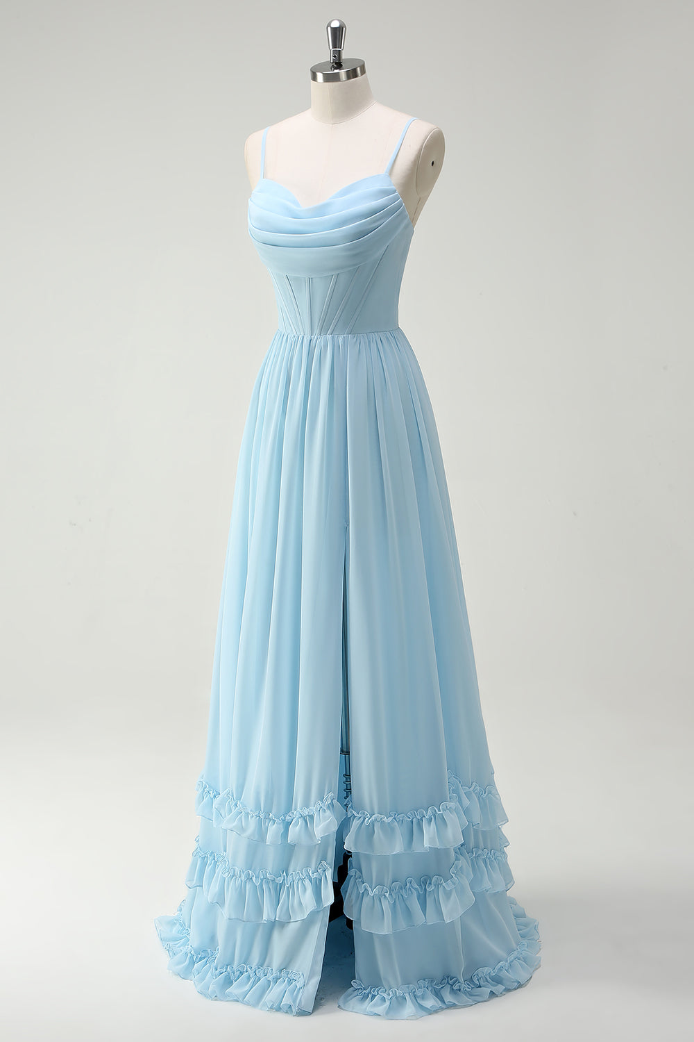 Robe longue de demoiselle d'honneur fendue trapèze à bretelles spaghetti imprimée fleurs vertes