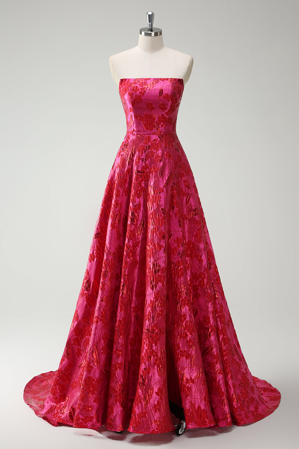 Robe de bal longue fuchsia sans bretelles en forme de A avec motif floral
