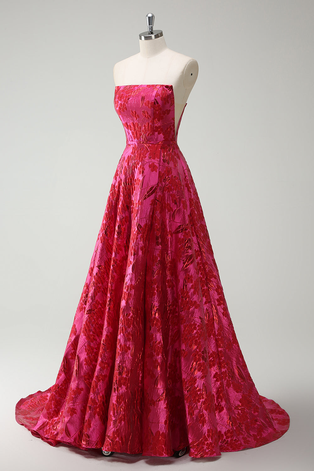 Robe de bal longue fuchsia sans bretelles en forme de A avec motif floral