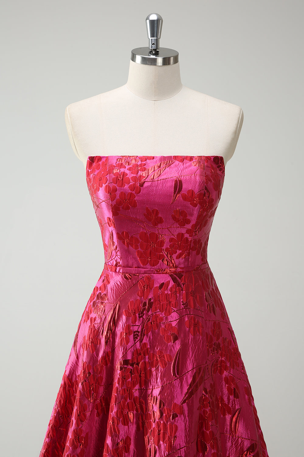 Robe de bal longue fuchsia sans bretelles en forme de A avec motif floral