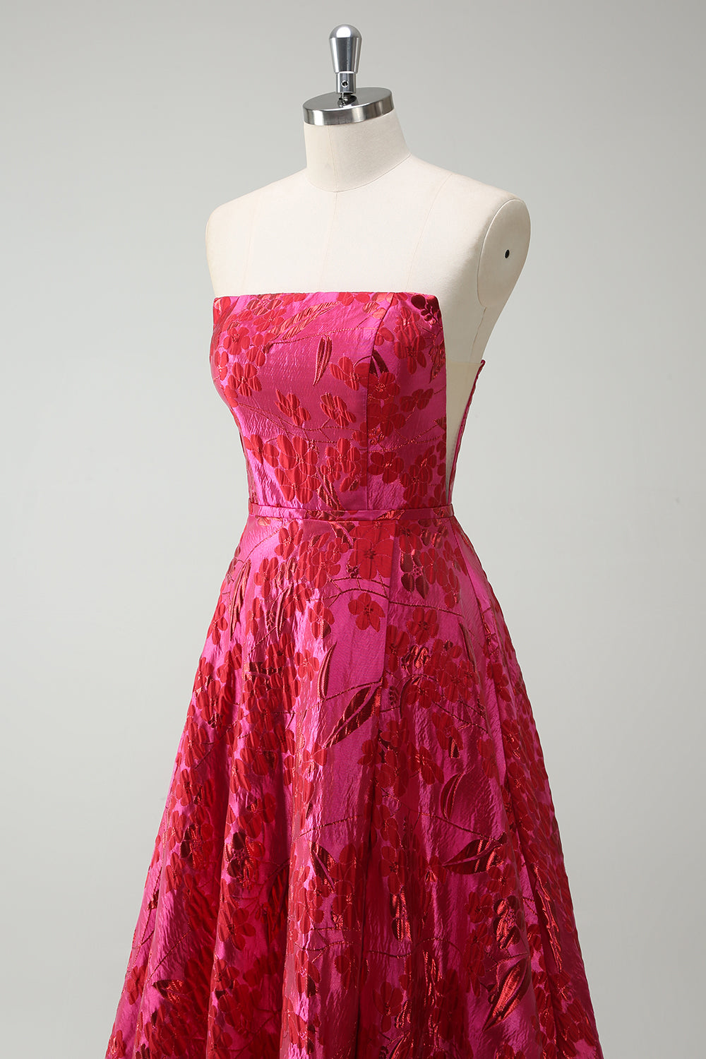 Robe de bal longue fuchsia sans bretelles en forme de A avec motif floral