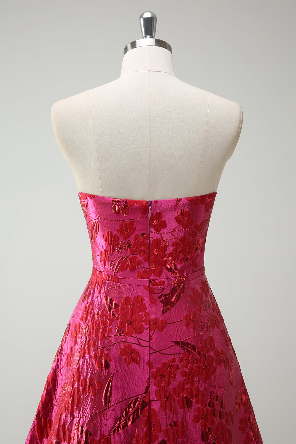 Robe de bal longue fuchsia sans bretelles en forme de A avec motif floral