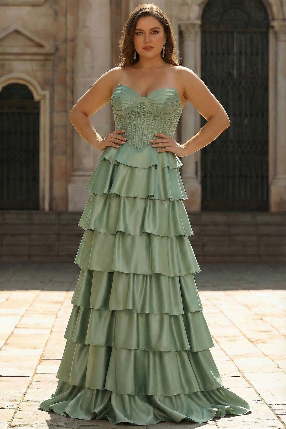 Green Sweetheart Princess Tiered Satin Corset Long Plus Size Prom Dress with Slit