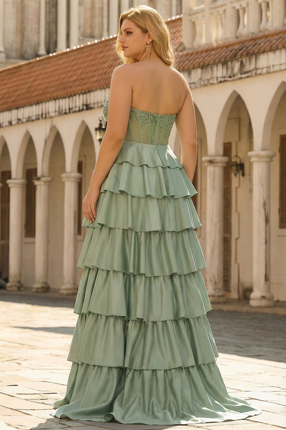 Green Sweetheart Princess Tiered Satin Corset Long Plus Size Prom Dress with Slit