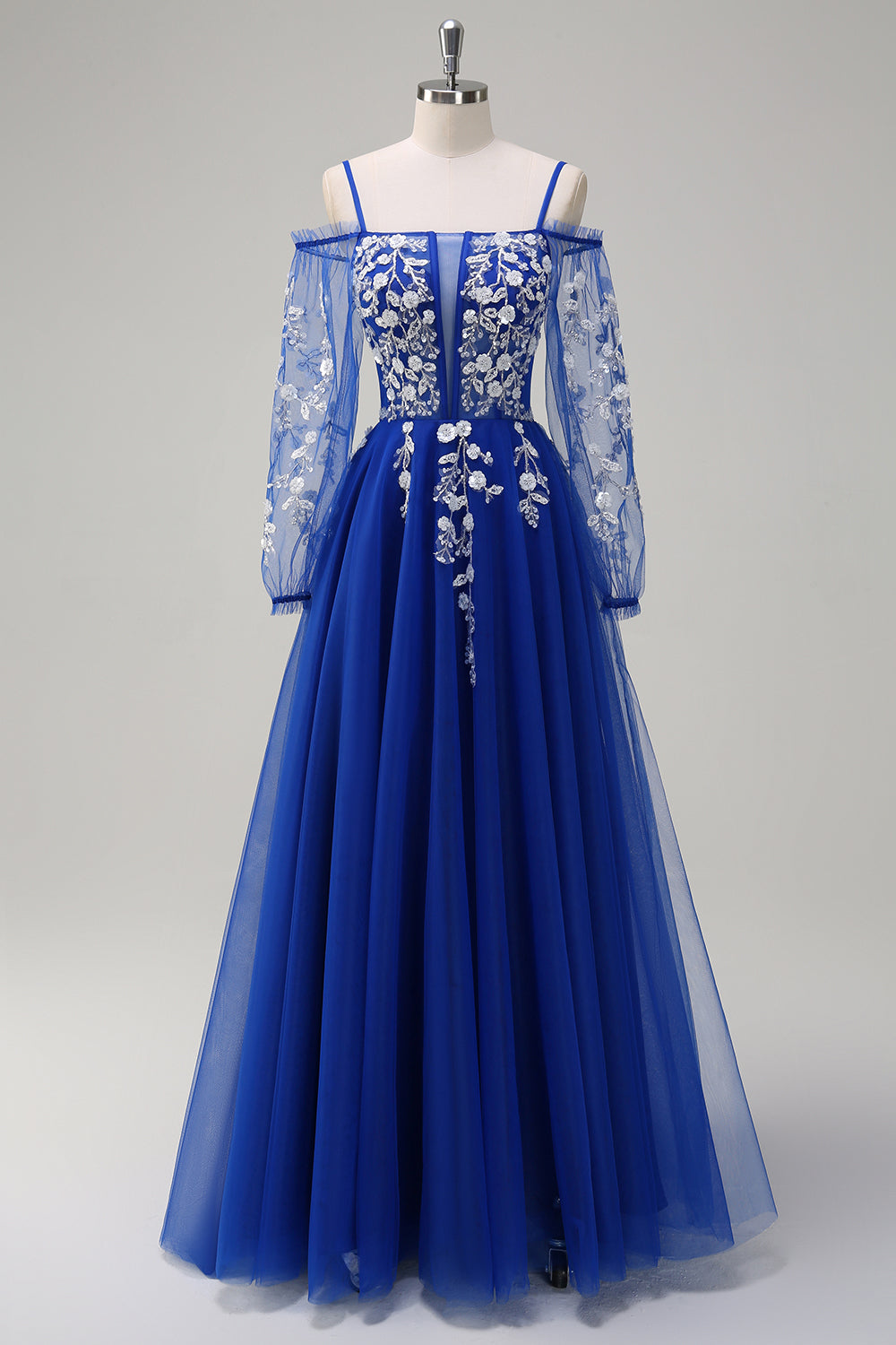 Robe de bal longue bleu roi scintillante, coupe trapèze, épaules dénudées et manches longues avec applications