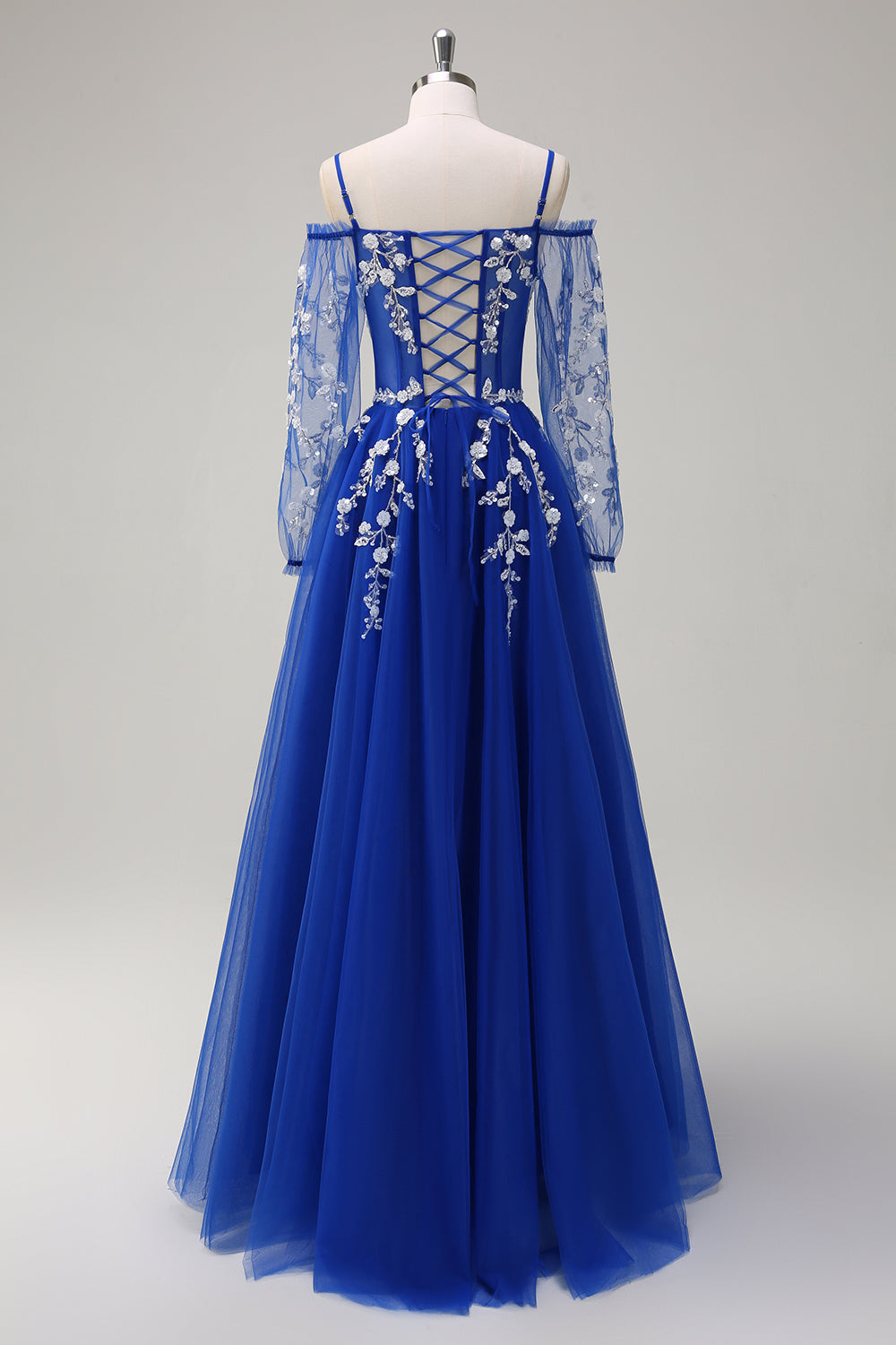Robe de bal longue bleu roi scintillante, coupe trapèze, épaules dénudées et manches longues avec applications