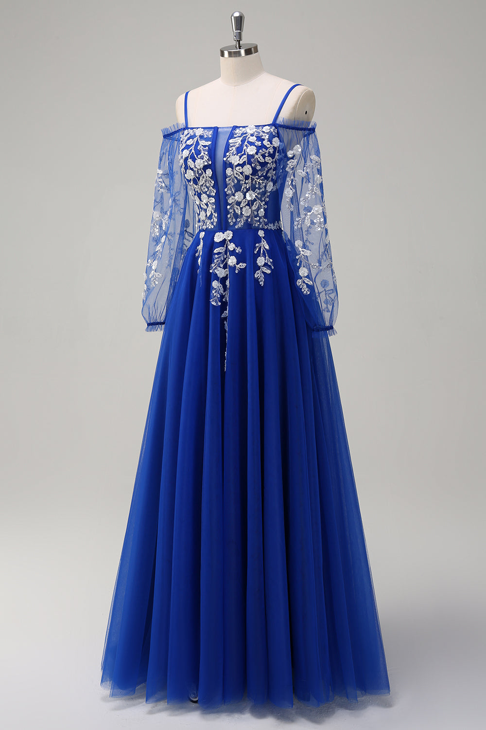 Robe de bal longue bleu roi scintillante, coupe trapèze, épaules dénudées et manches longues avec applications