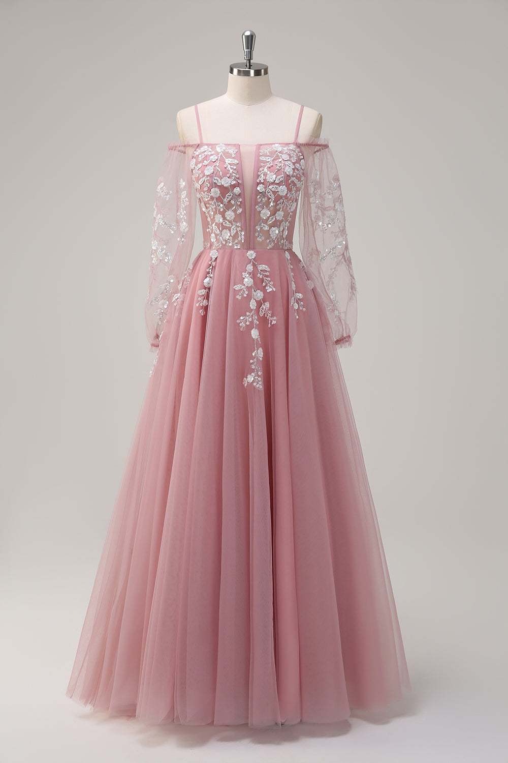 Robe de bal longue bleu roi scintillante, coupe trapèze, épaules dénudées et manches longues avec applications
