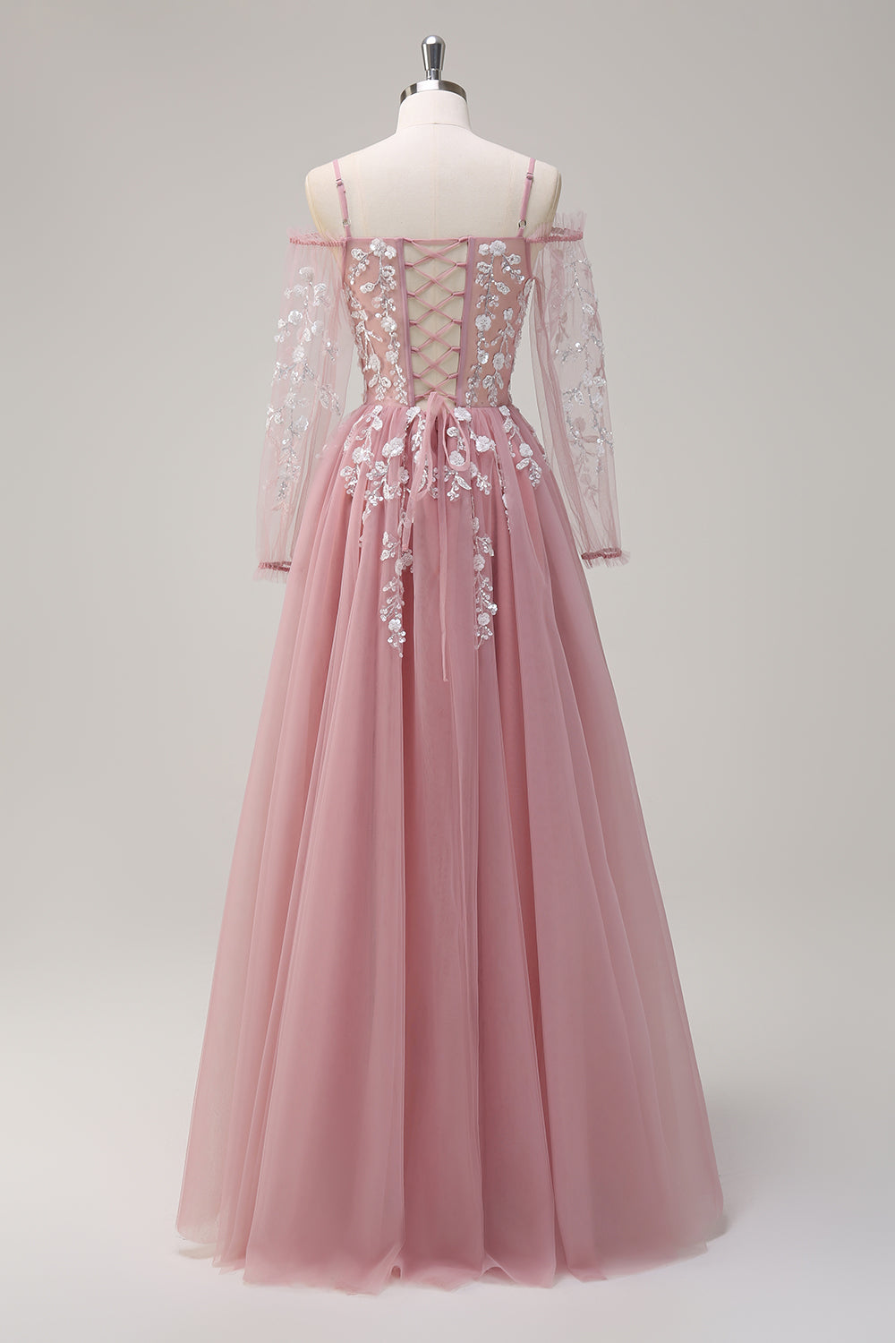 Robe de bal longue bleu roi scintillante, coupe trapèze, épaules dénudées et manches longues avec applications