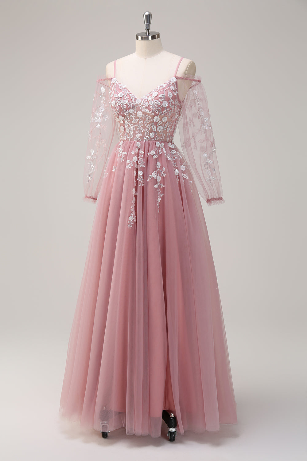 Robe de bal longue bleu roi scintillante, coupe trapèze, épaules dénudées et manches longues avec applications