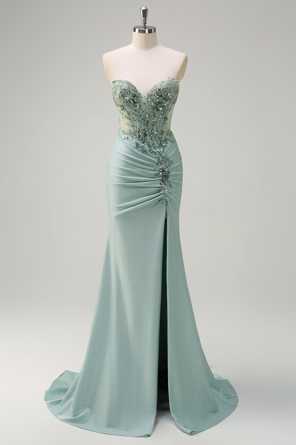 Robe de bal longue sirène bleu marine pailletée avec corset froncé et fente