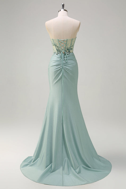 Sparkly Grey Green Mermaid Strapless Sequin Corset Ruched Long Prom Dress with Slit