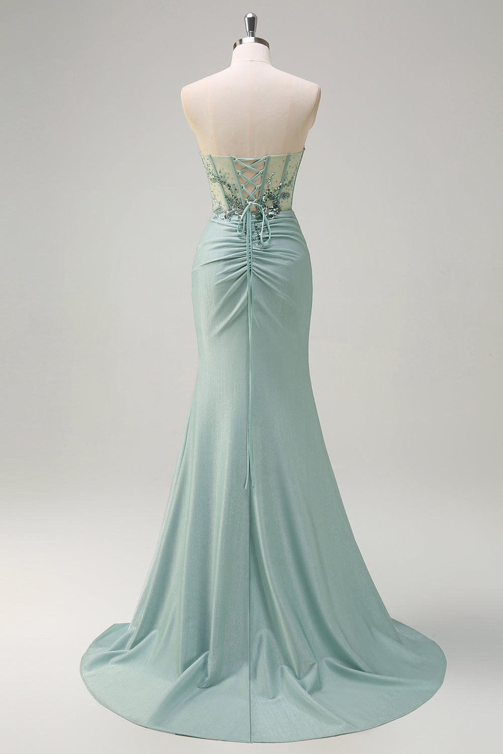 Robe de bal longue sirène bleu marine pailletée avec corset froncé et fente