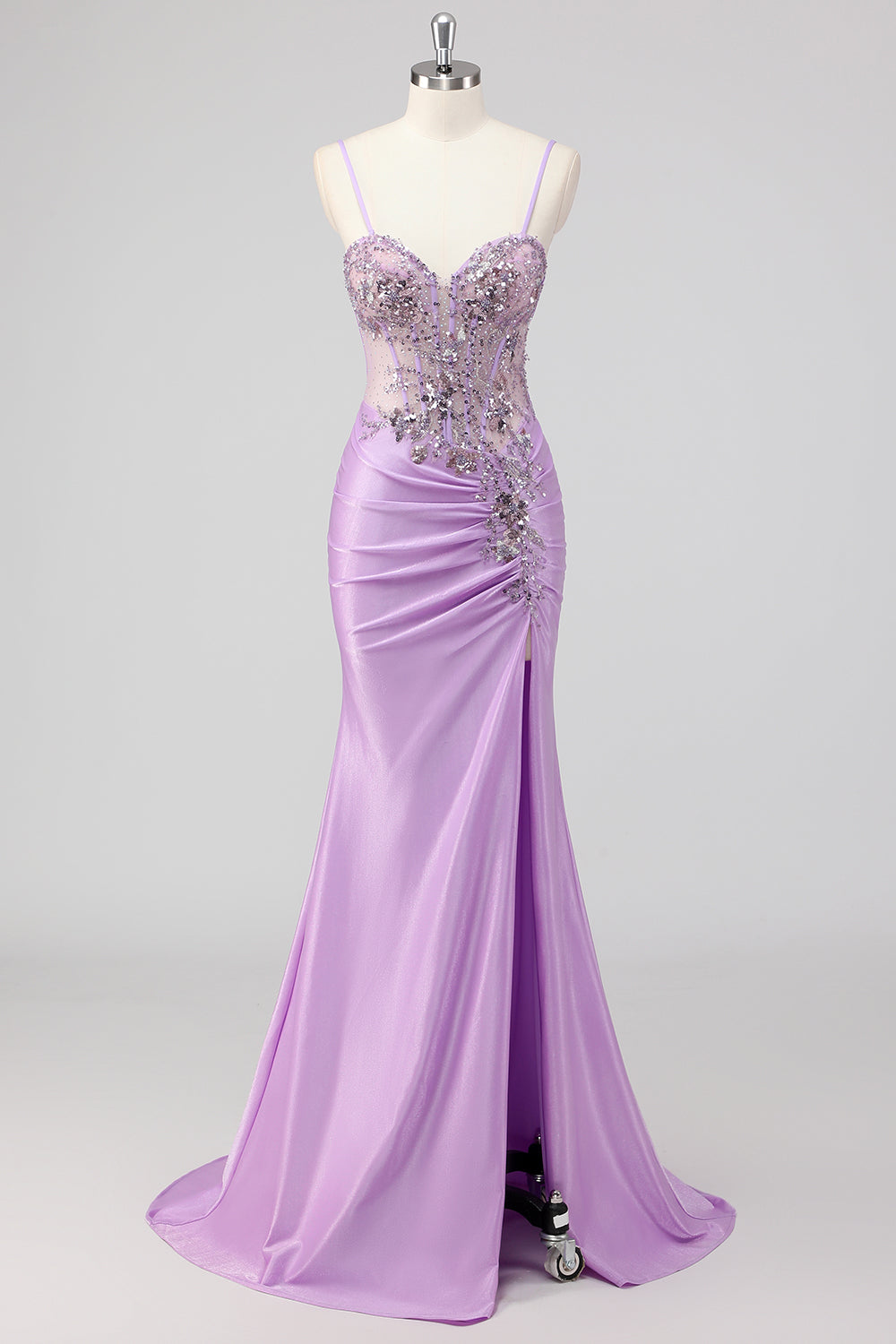 Robe de bal longue sirène bleu marine pailletée avec corset froncé et fente