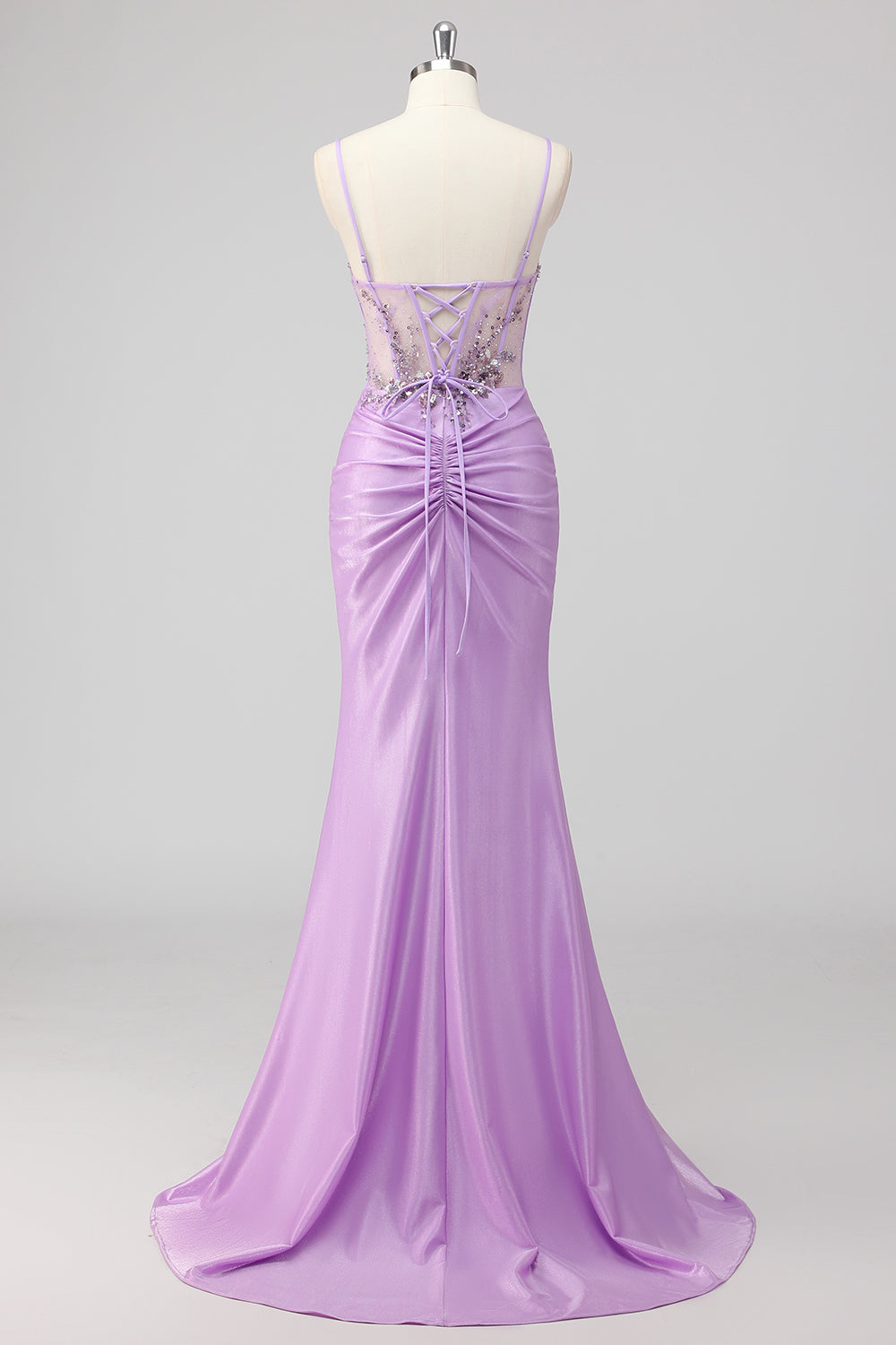 Robe de bal longue sirène bleu marine pailletée avec corset froncé et fente